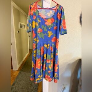 Lularoe Nicole Blue Yellow Coral Floral Dress size XL